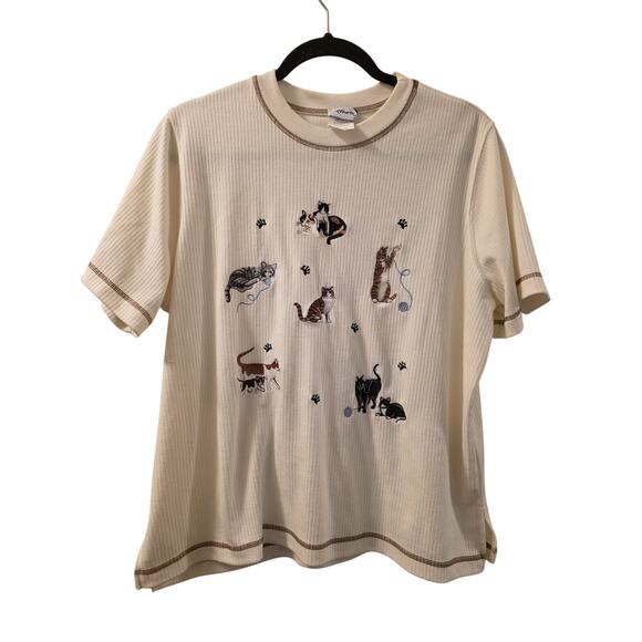 Vintage Cat Embroidered Waffle Weave Shirt Tee Womens Sz MP Kittens BonWorth - Picture 1 of 6